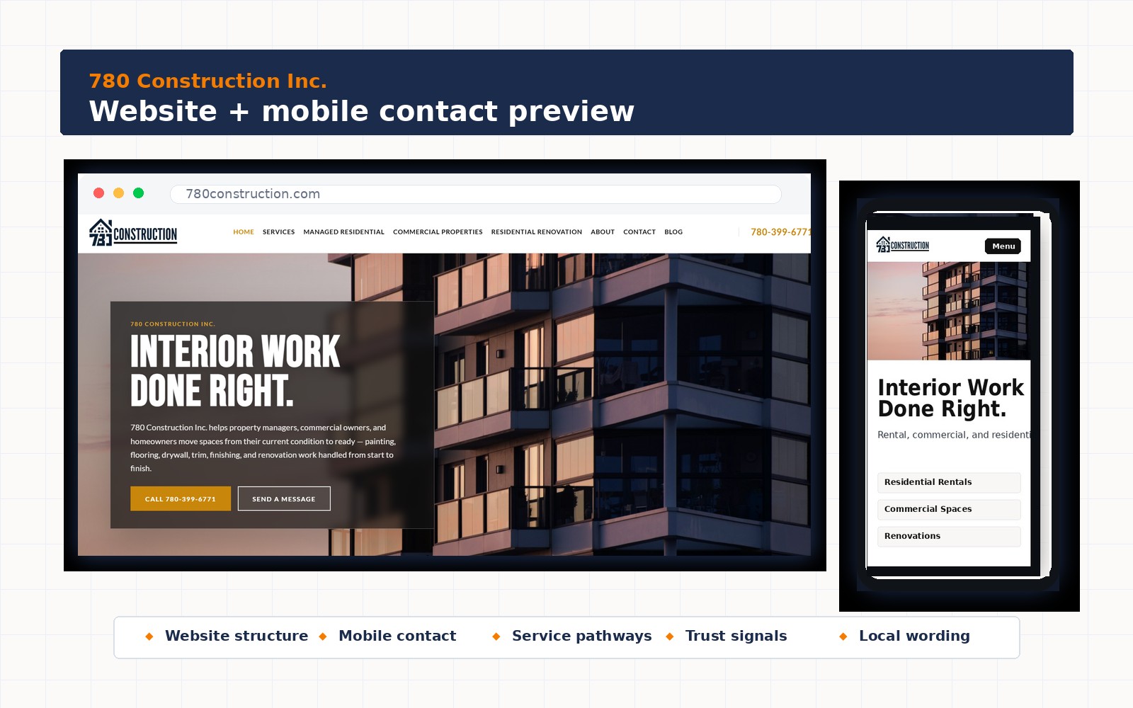 780 Construction Inc. website preview shown as current Tool Up Marketing work